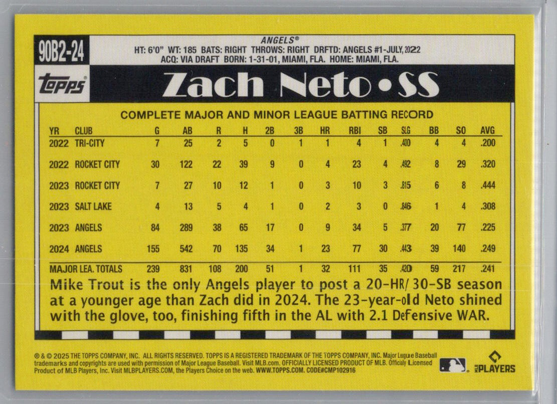 2025 Topps #90B2-24 Zach Neto 1990 Topps Baseball 35th Anniversary (Series Two) Los Angeles Angels