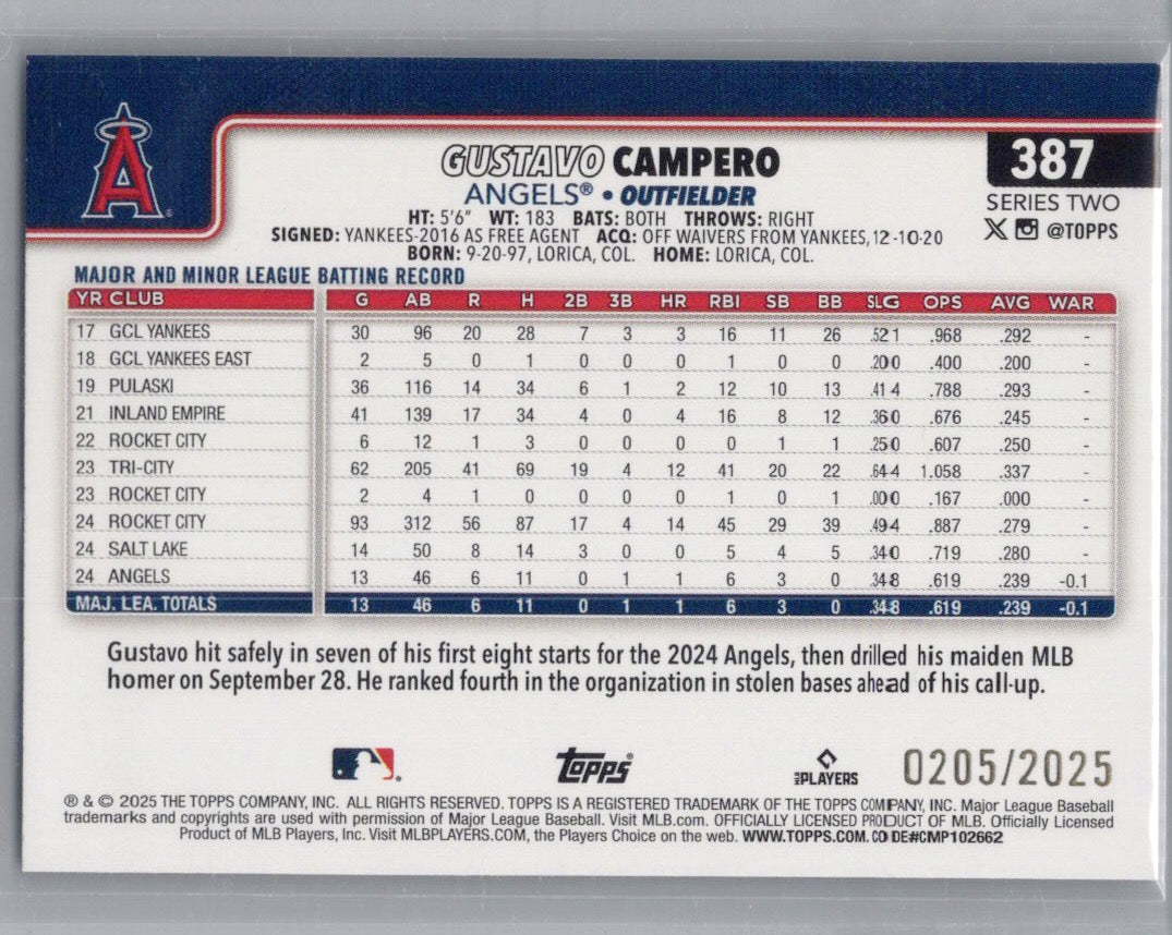 2025 Topps #387 Gustavo Campero Gold #/2025 Los Angeles Angels
