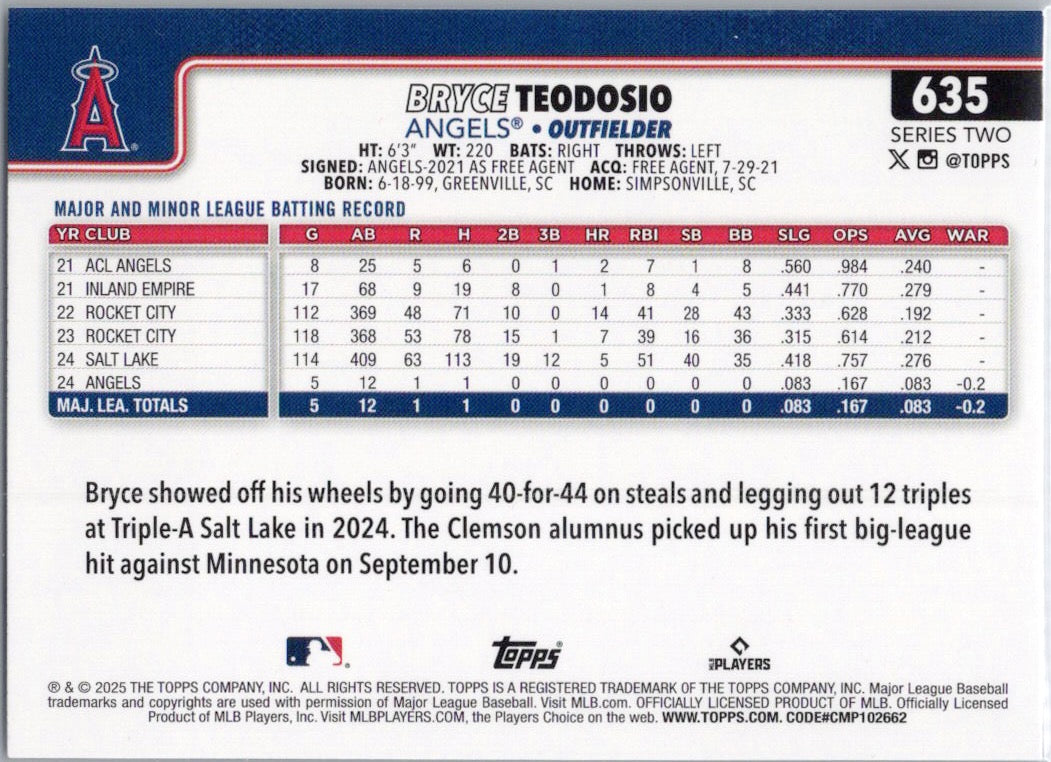 2025 Topps #635 Bryce Teodosio Los Angeles Angels