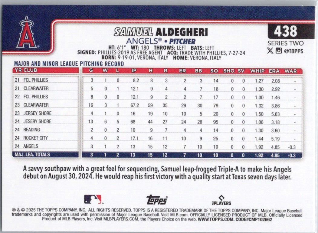 2025 Topps #438 Samuel Aldegheri Los Angeles Angels