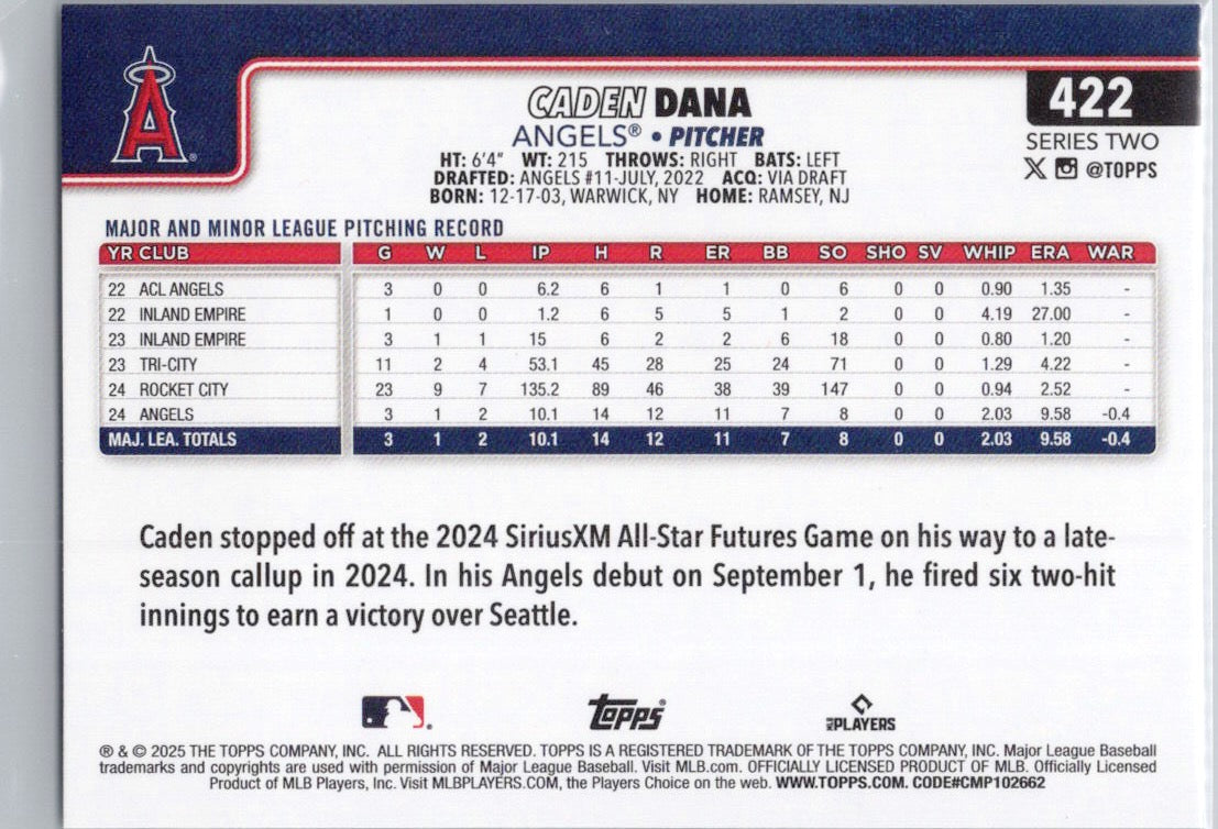 2025 Topps #422 Caden Dana Los Angeles Angels