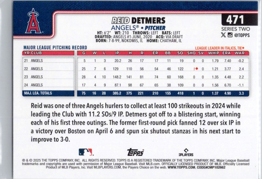 2025 Topps #471 Reid Detmers Los Angeles Angels