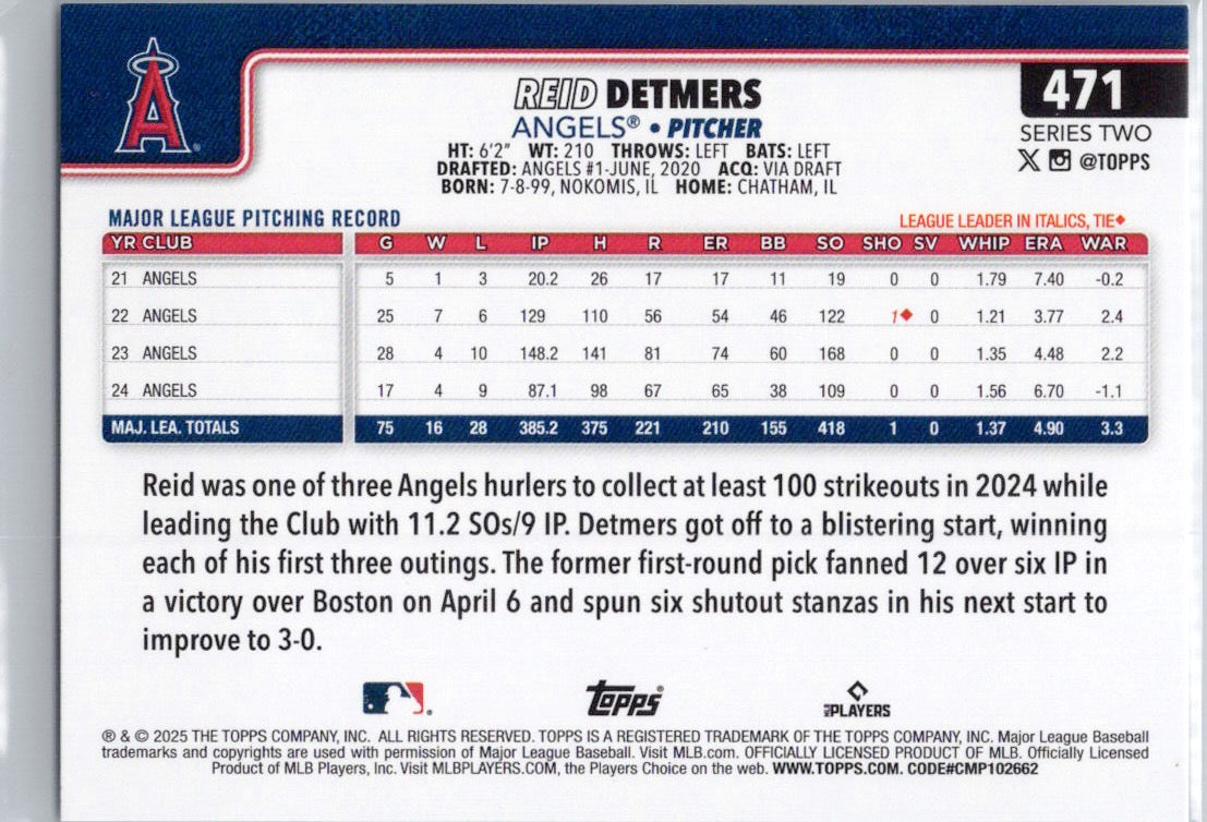 2025 Topps #471 Reid Detmers Los Angeles Angels