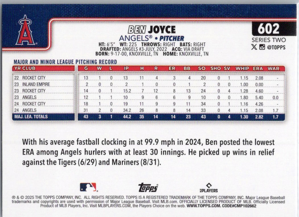 2025 Topps #602 Ben Joyce Los Angeles Angels