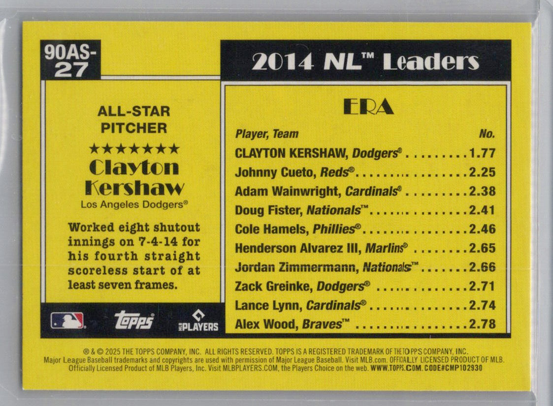 2025 Topps #90AS-27a Clayton Kershaw 1990 35th Anniversary All-Stars