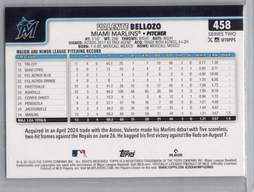 2025 Topps #458 Valente Bellozo Miami Marlins