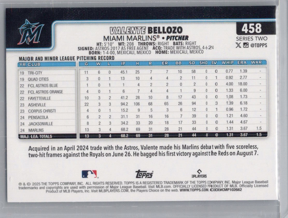 2025 Topps #458 Valente Bellozo Miami Marlins