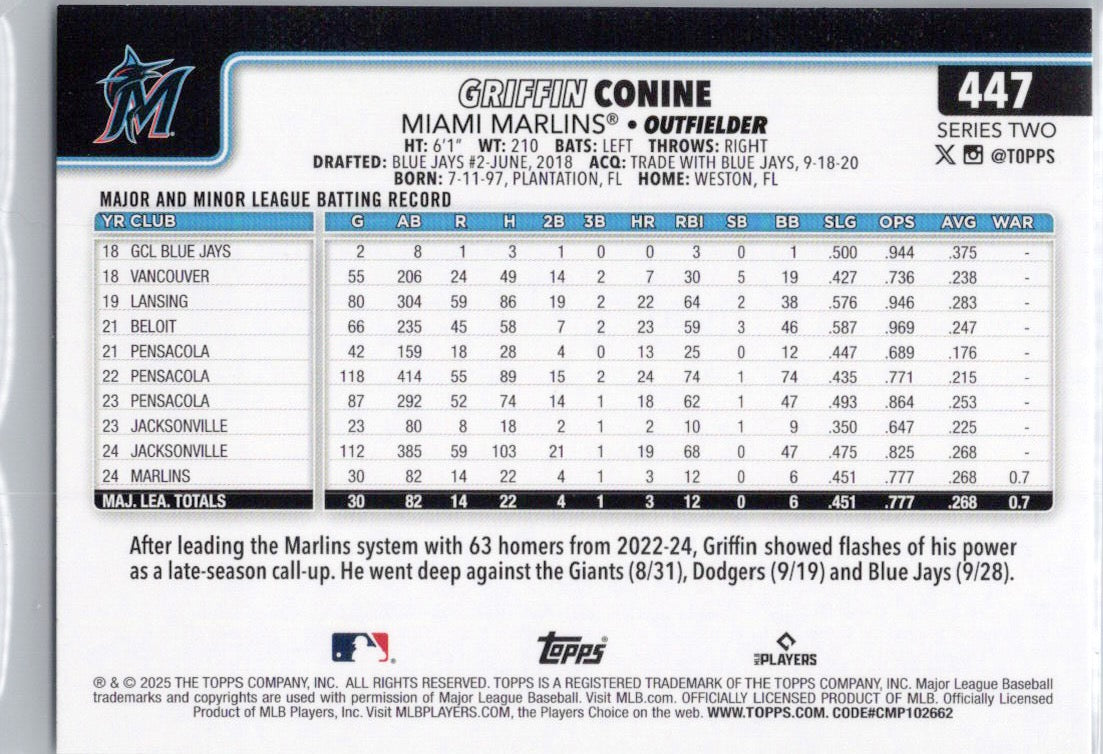 2025 Topps #447 Griffin Conine Miami Marlins
