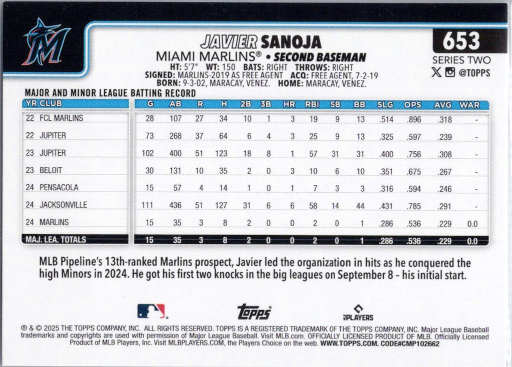 2025 Topps #653 Javier Sanoja Miami Marlins