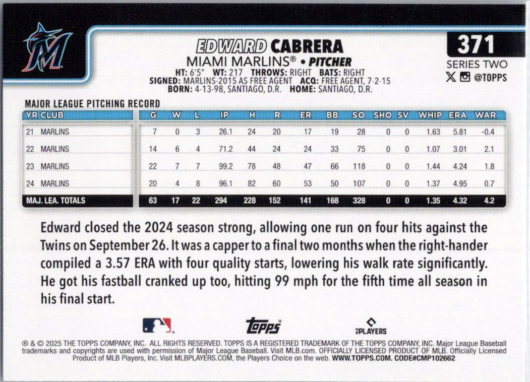 2025 Topps #371 Edward Cabrera Miami Marlins