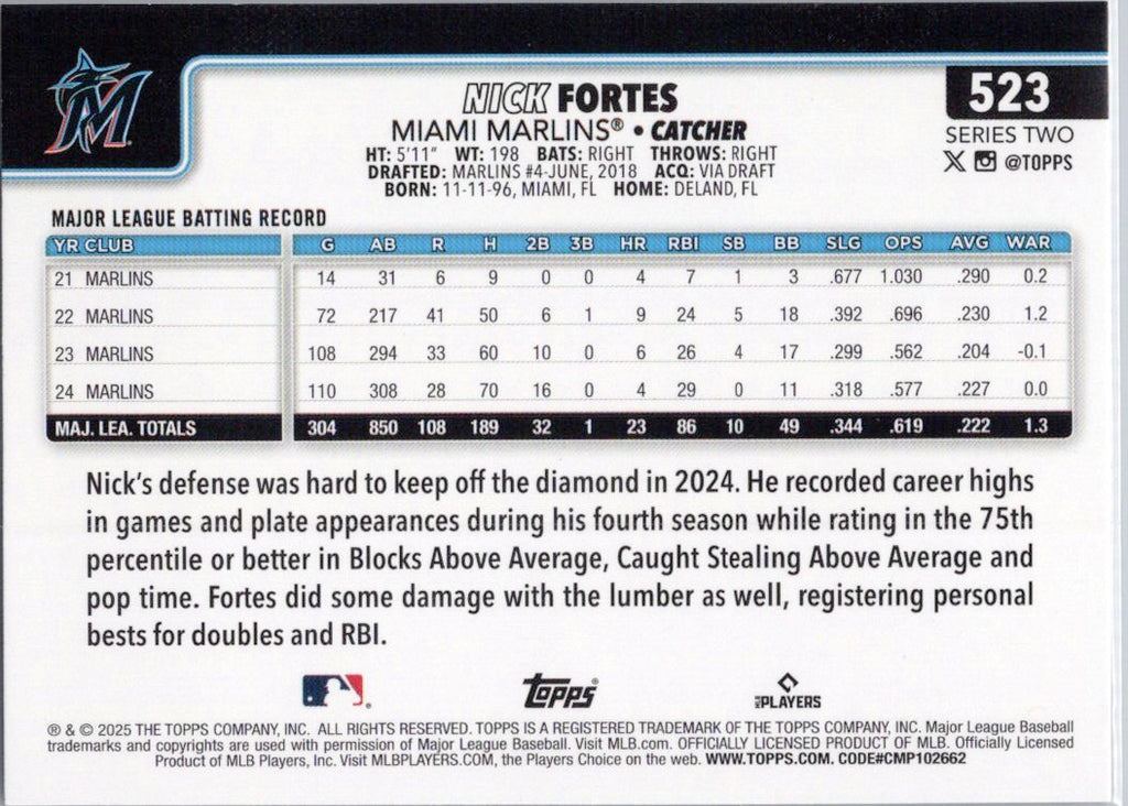 2025 Topps #523 Nick Fortes Miami Marlins