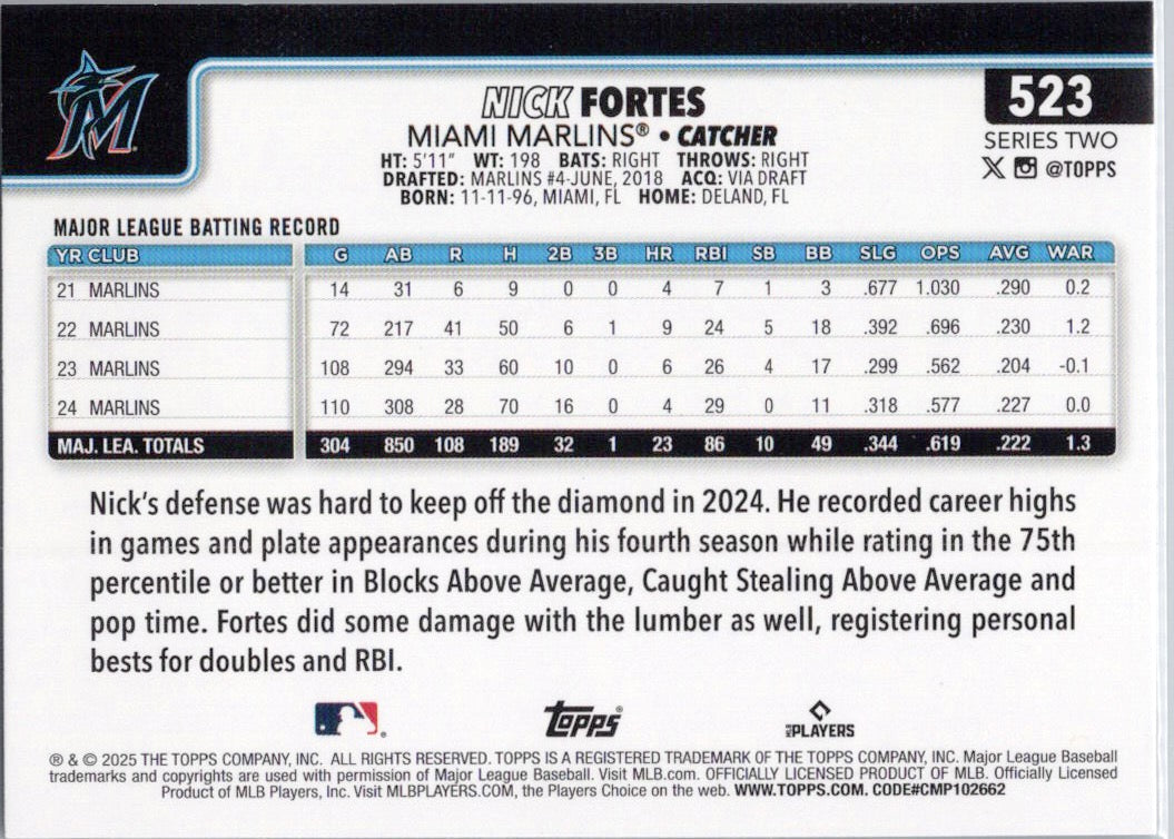 2025 Topps #523 Nick Fortes Miami Marlins