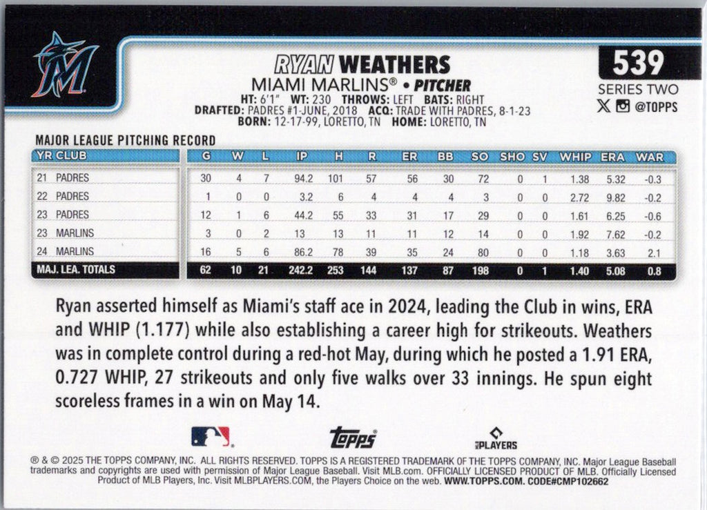 2025 Topps #539 Ryan Weathers Miami Marlins