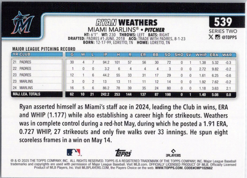 2025 Topps #539 Ryan Weathers Miami Marlins