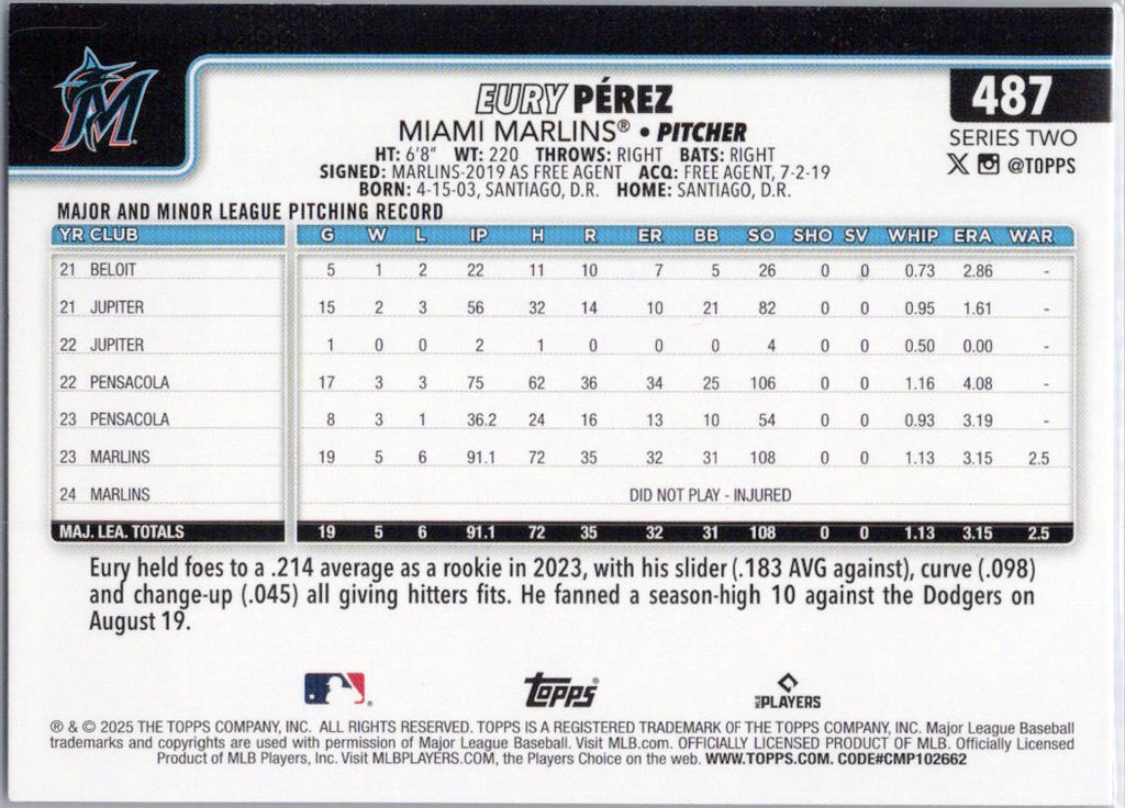 2025 Topps #487 Eury Pérez Miami Marlins
