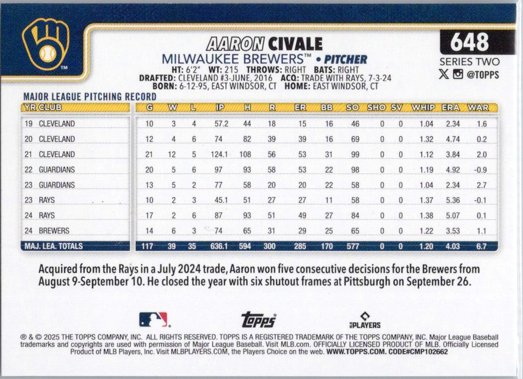 2025 Topps #648 Aaron Civale Milwaukee Brewers