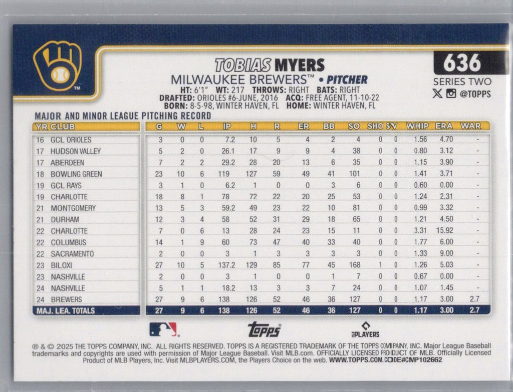 2025 Topps #636 Tobias Myers Milwaukee Brewers