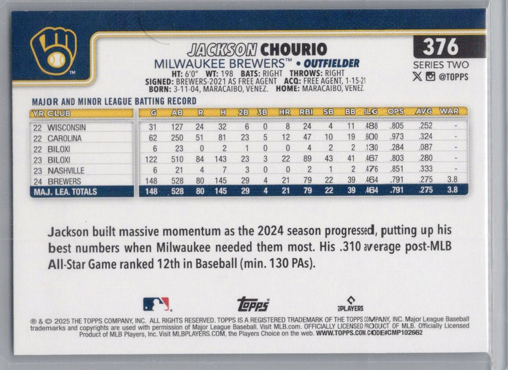 2025 Topps #376 Jackson Chourio Holo Foil Milwaukee Brewers