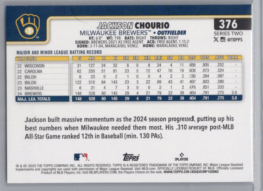 2025 Topps #376 Jackson Chourio Holo Foil Milwaukee Brewers