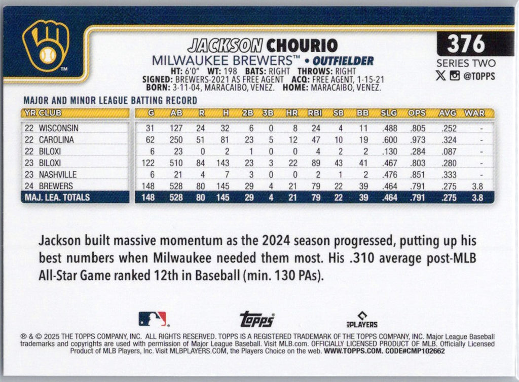 2025 Topps #376 Jackson Chourio Milwaukee Brewers