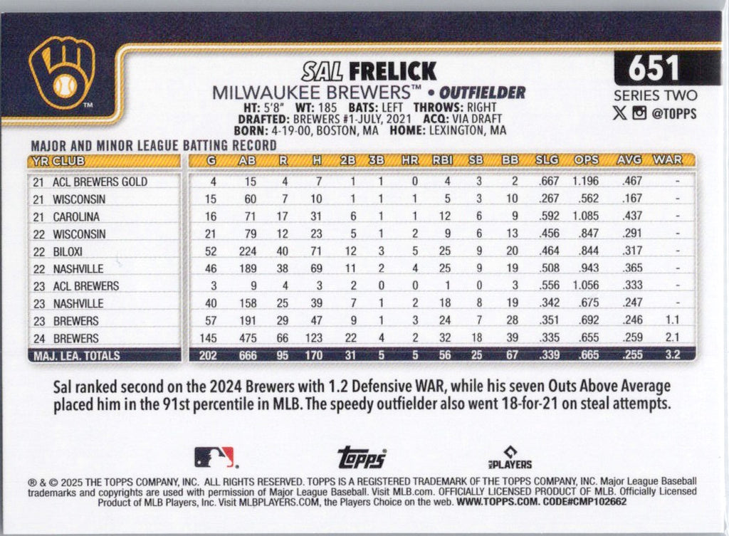 2025 Topps #651 Sal Frelick Milwaukee Brewers