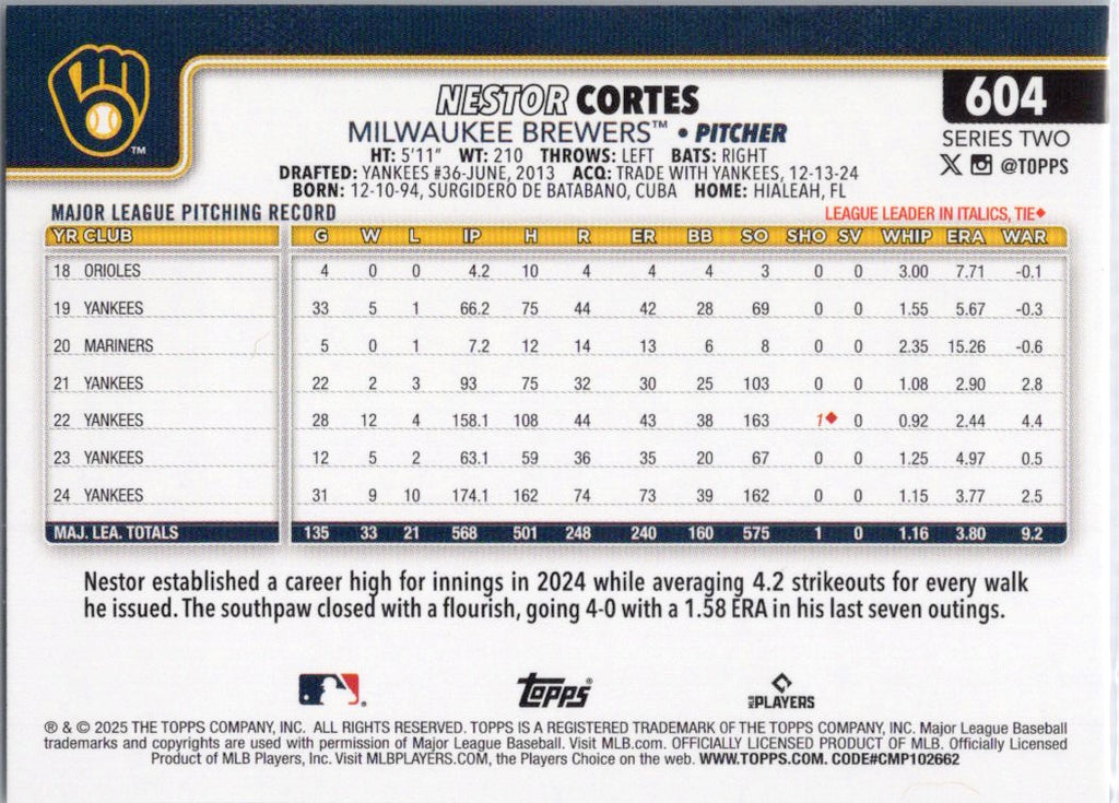 2025 Topps #604 Nestor Cortes Milwaukee Brewers