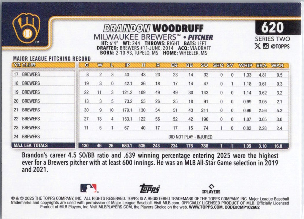 2025 Topps #620 Brandon Woodruff Milwaukee Brewers