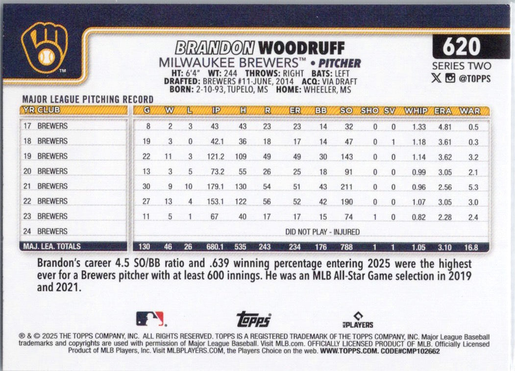 2025 Topps #620 Brandon Woodruff Milwaukee Brewers