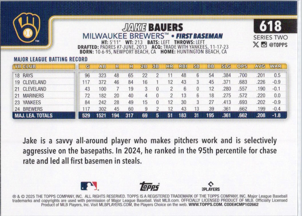2025 Topps #618 Jake Bauers Milwaukee Brewers