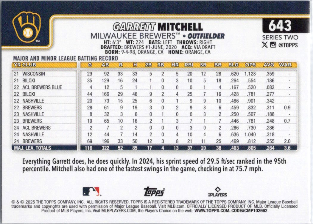 2025 Topps #643 Garrett Mitchell Milwaukee Brewers