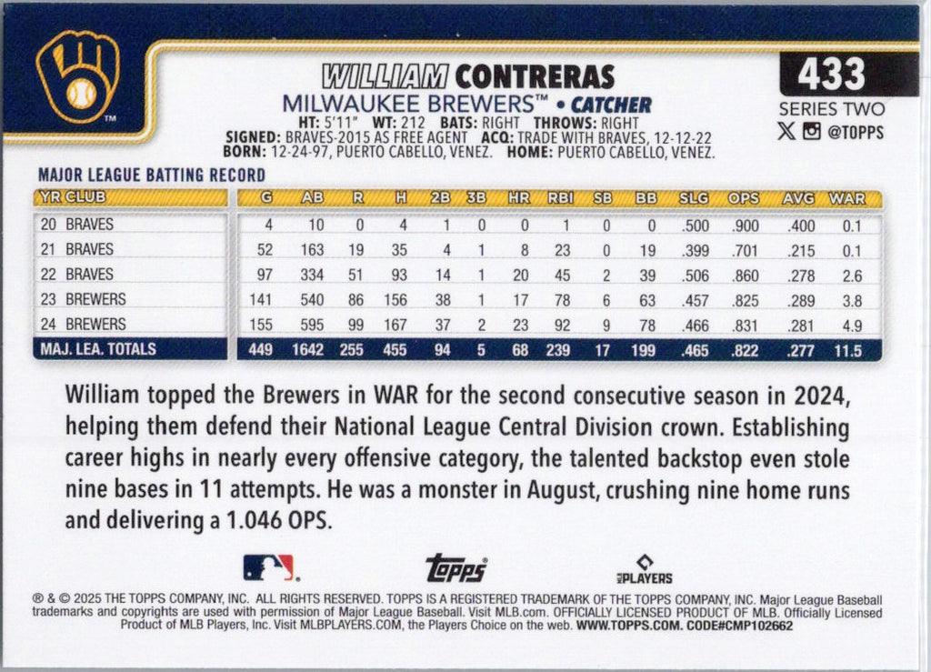 2025 Topps #433 William Contreras Milwaukee Brewers