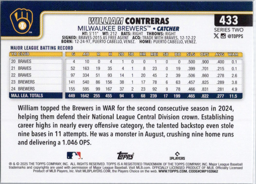 2025 Topps #433 William Contreras Milwaukee Brewers