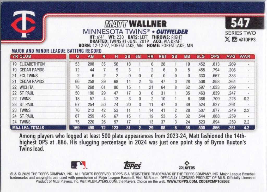 2025 Topps #547 Matt Wallner Minnesota Twins