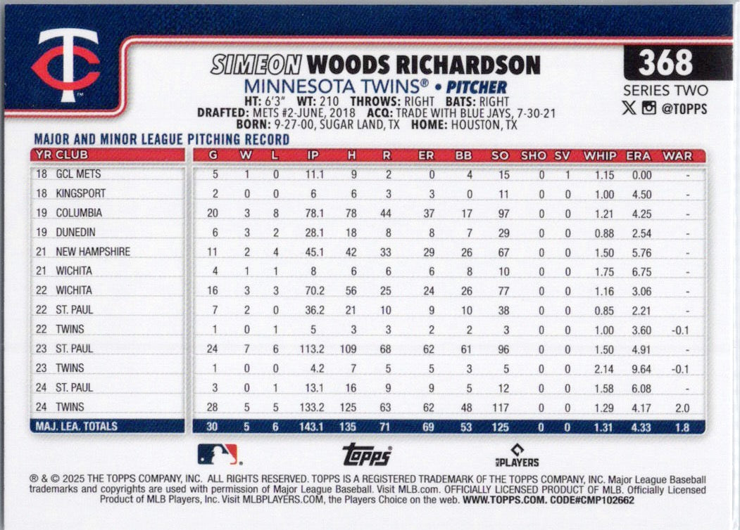 2025 Topps #368 Simeon Woods Richardson Minnesota Twins