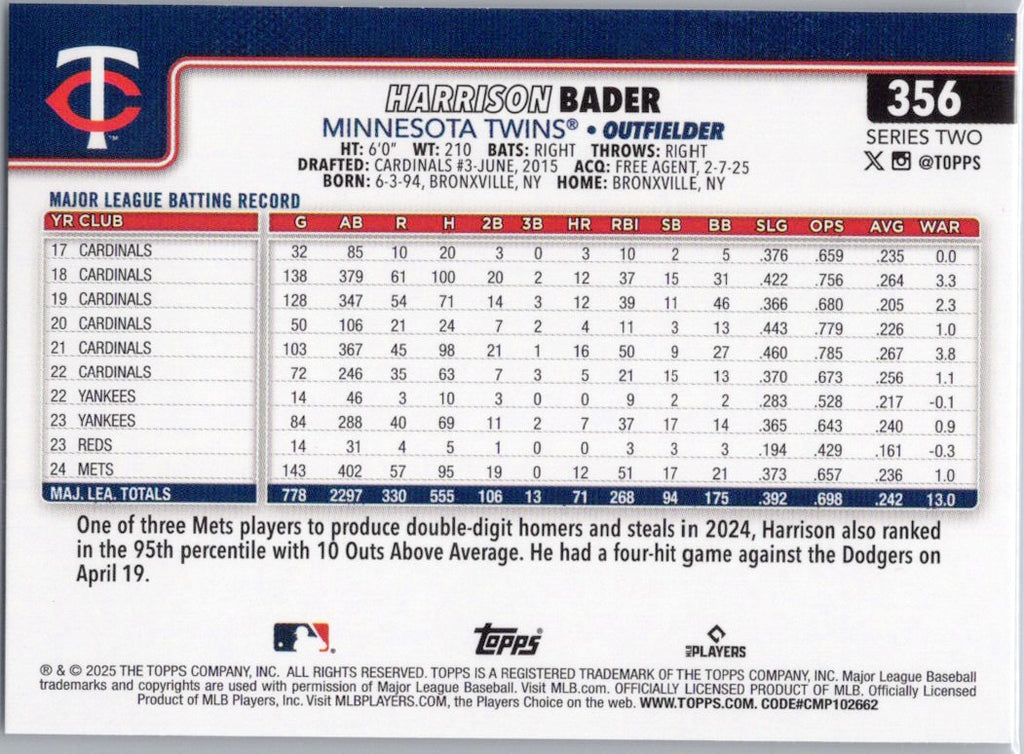 2025 Topps #356 Harrison Bader Minnesota Twins