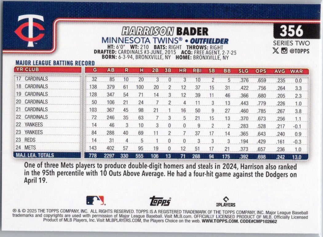 2025 Topps #356 Harrison Bader Minnesota Twins
