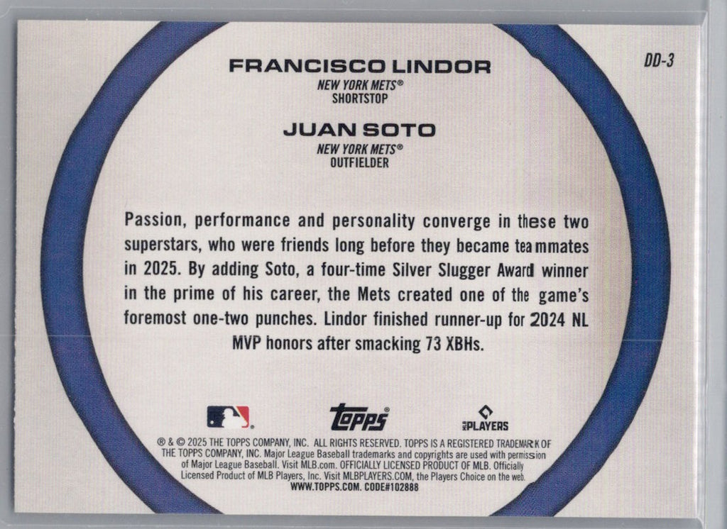 2025 Topps #DD-3 Juan Soto / Francisco Lindor Dynamic Duos New York Mets