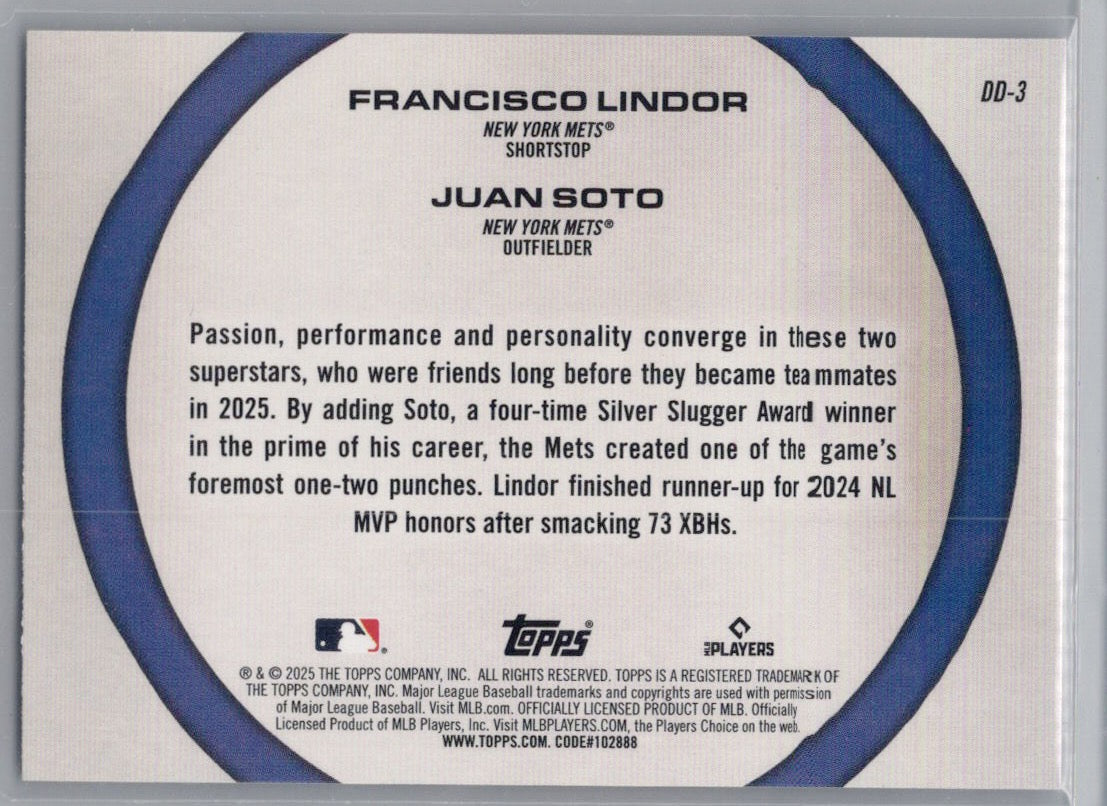 2025 Topps #DD-3 Juan Soto / Francisco Lindor Dynamic Duos New York Mets