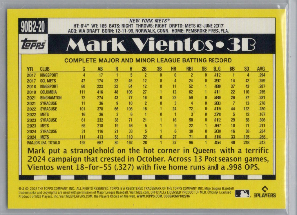 2025 Topps #90B2-20 Mark Vientos 1990 Topps Baseball 35th Anniversary