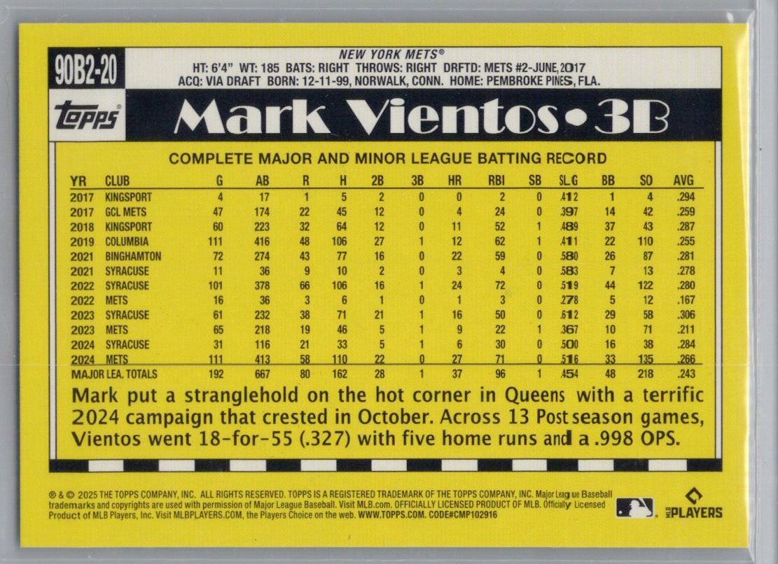 2025 Topps #90B2-20 Mark Vientos 1990 Topps Baseball 35th Anniversary
