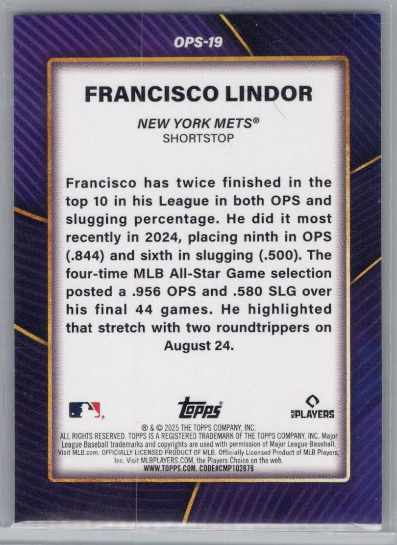 2025 Topps #OPS-19 Francisco Lindor OPS Leaders New York Mets
