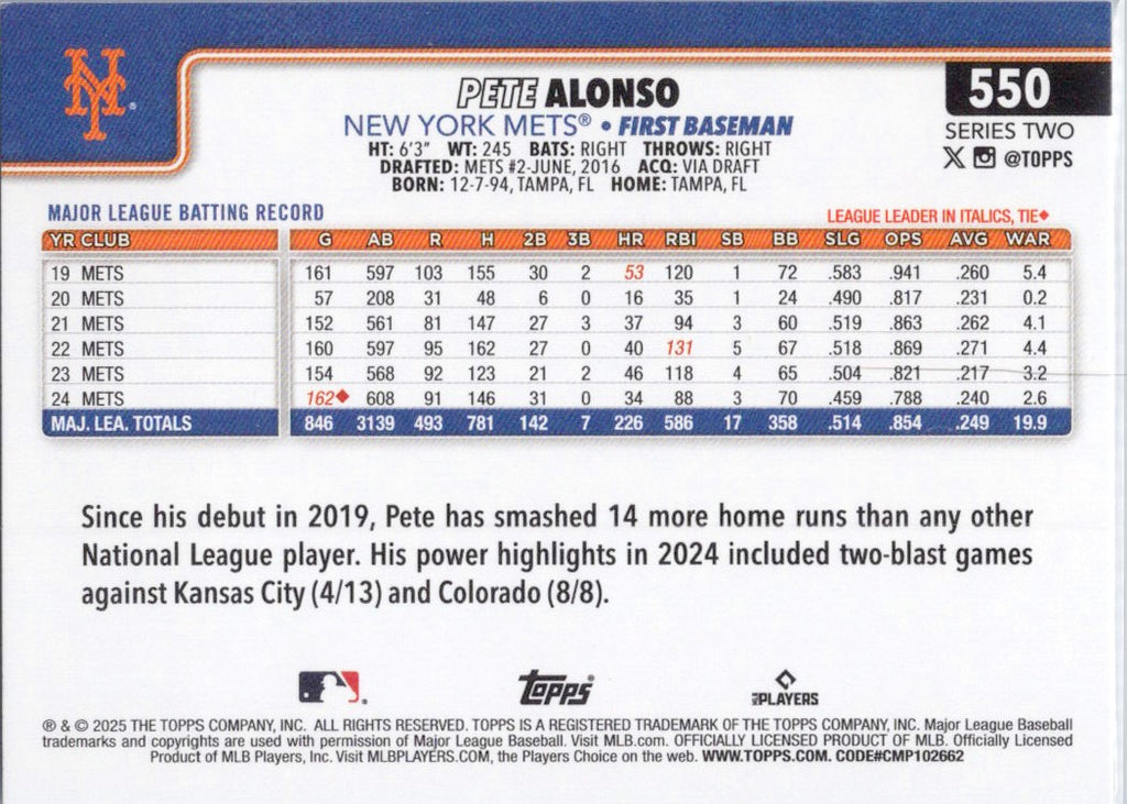 2025 Topps #550 Pete Alonso New York Mets