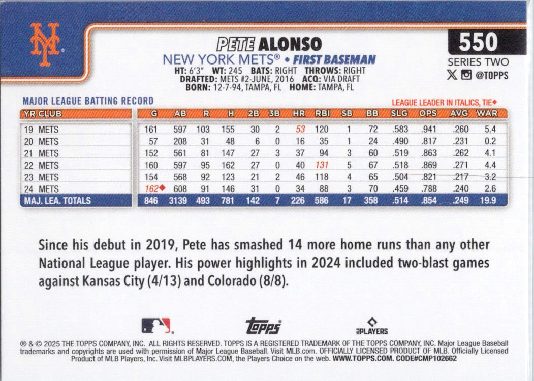 2025 Topps #550 Pete Alonso New York Mets