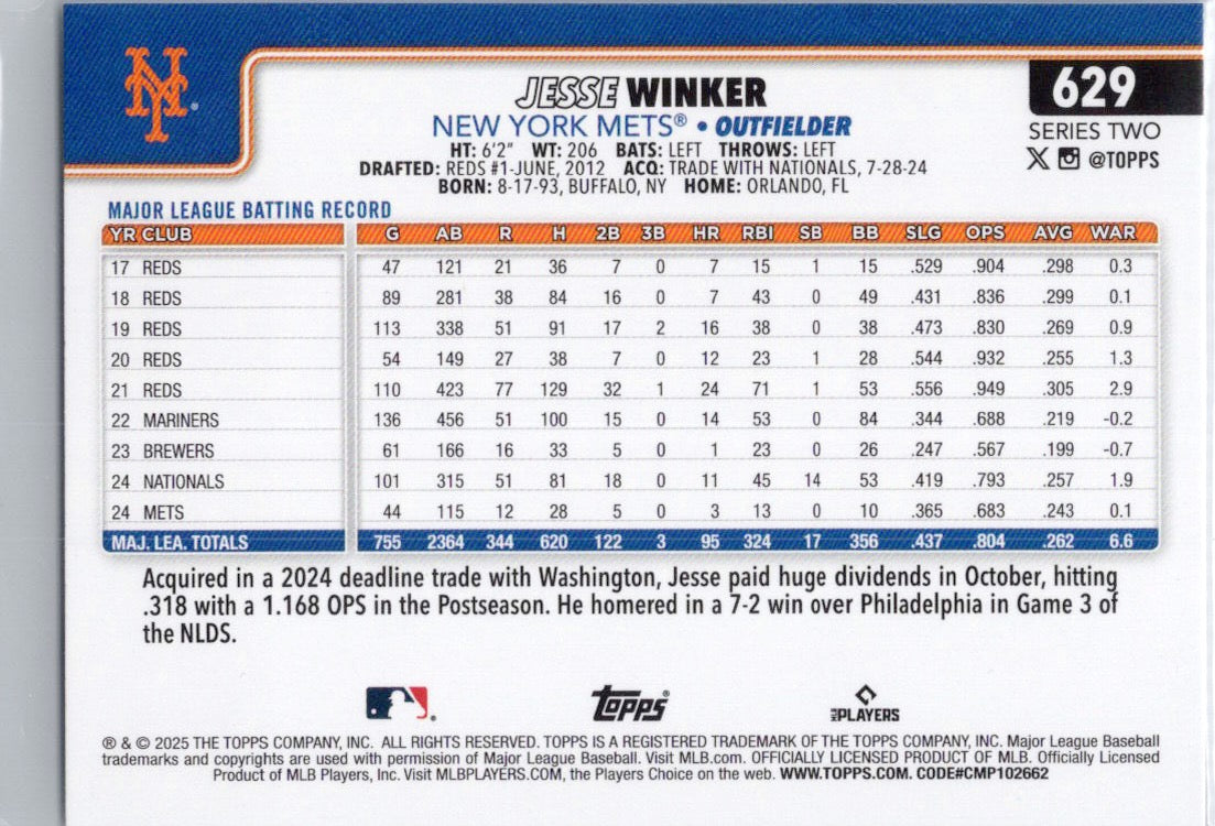 2025 Topps #629 Jesse Winker New York Mets