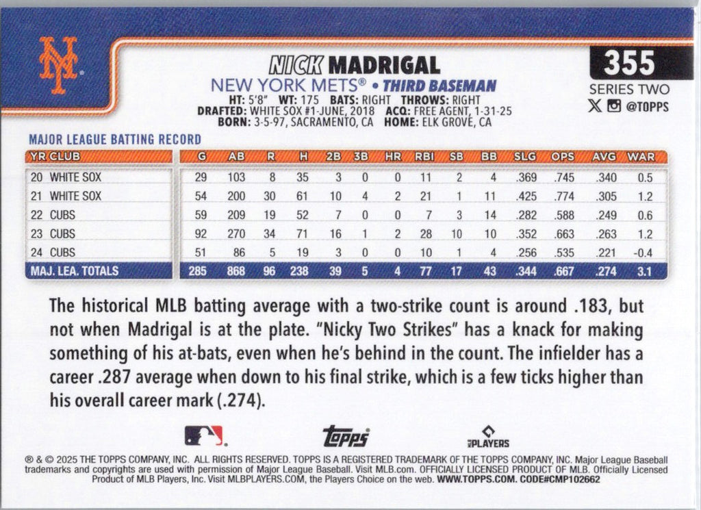 2025 Topps #355 Nick Madrigal New York Mets