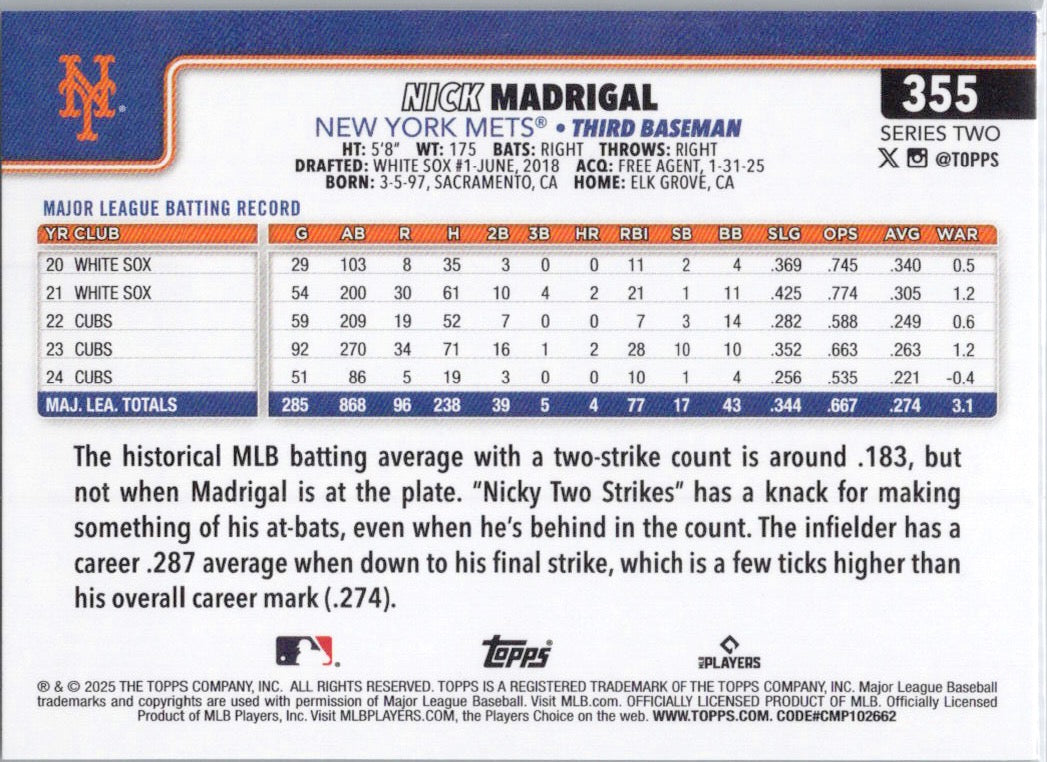 2025 Topps #355 Nick Madrigal New York Mets