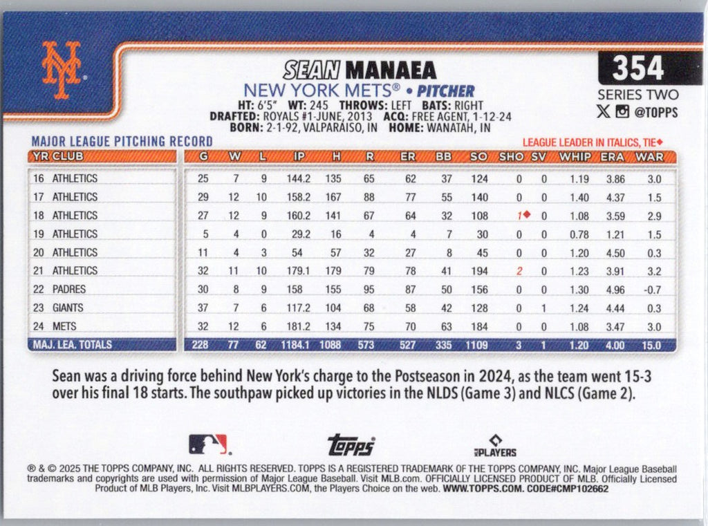 2025 Topps #354 Sean Manaea New York Mets