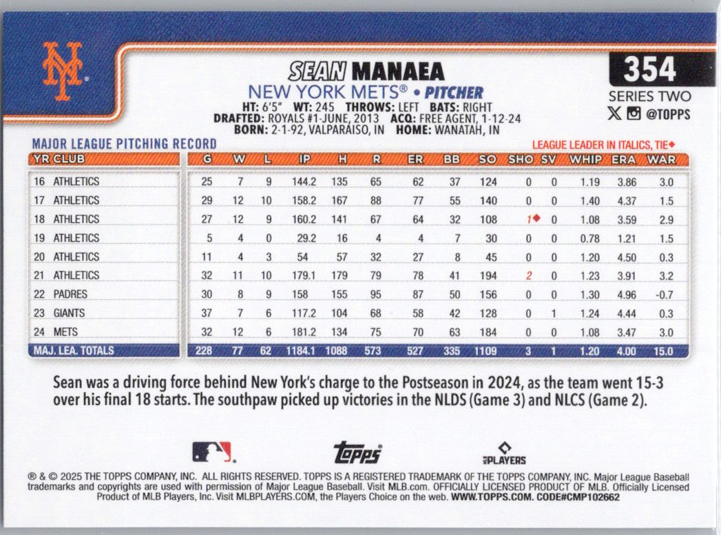 2025 Topps #354 Sean Manaea New York Mets
