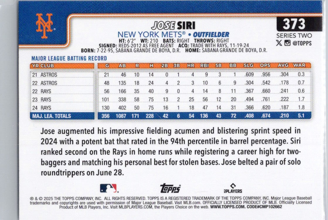 2025 Topps #373 Jose Siri New York Mets