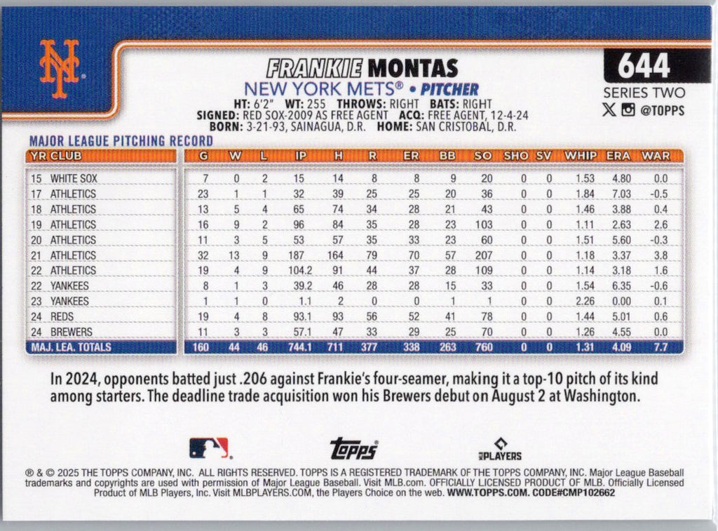 2025 Topps #644 Frankie Montas New York Mets